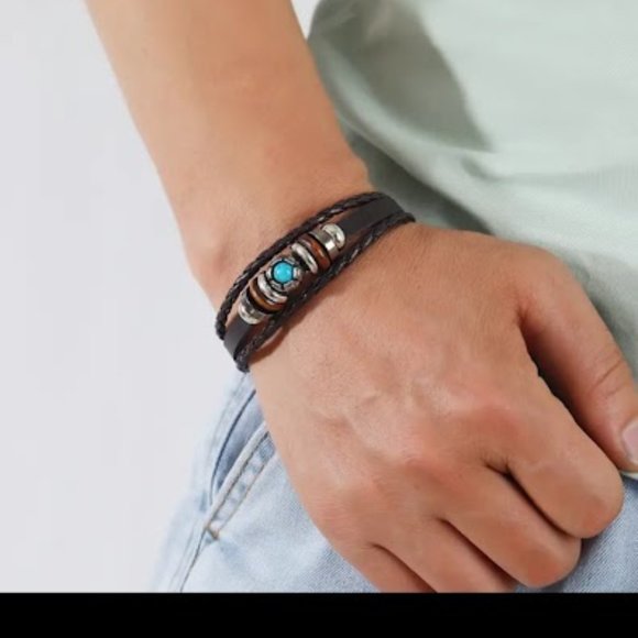 1 Handmade Boho Gypsy Black Leather Bracelet, Rope Cord Turquoises Charm - Picture 2 of 3